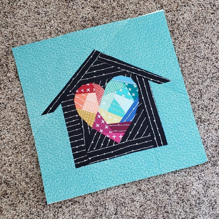 Home Lovin 14 inch block by Marie Heppler, using Geometric Heart from the Heart Attack pattern.